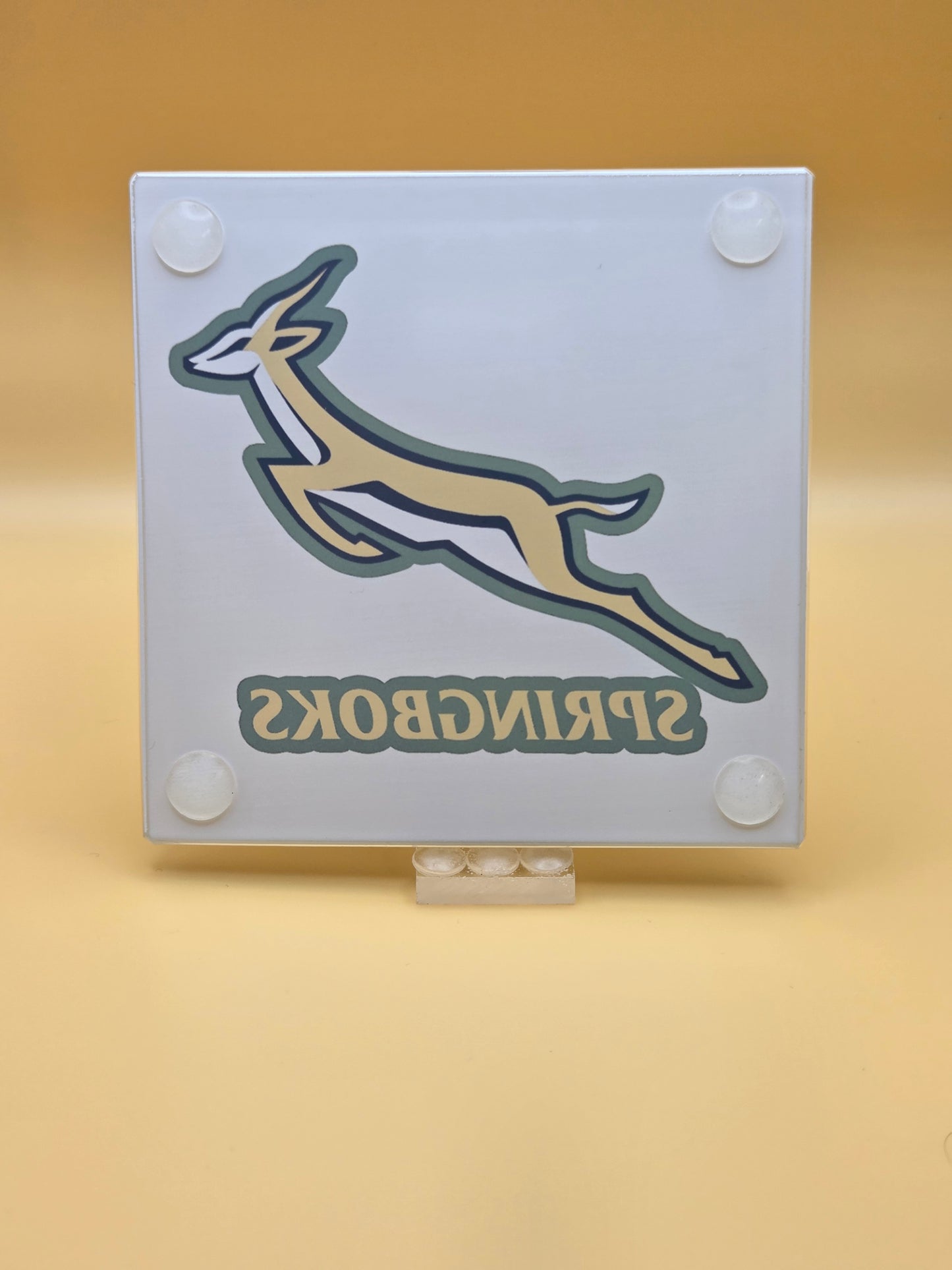 Springboks Rugby Glass Coasters, South Africa National Team Logo, Set of 2, Square, With Rubber Feet