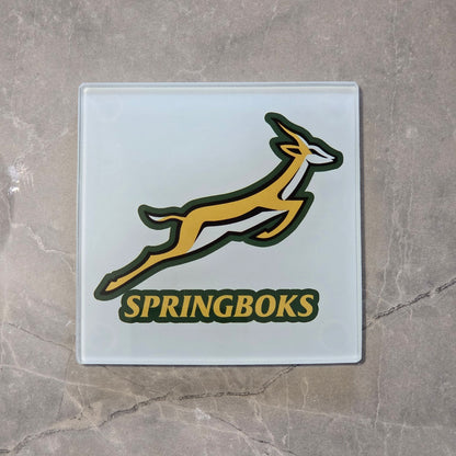 Springboks Rugby Glass Coasters, South Africa National Team Logo, Set of 2, Square, With Rubber Feet