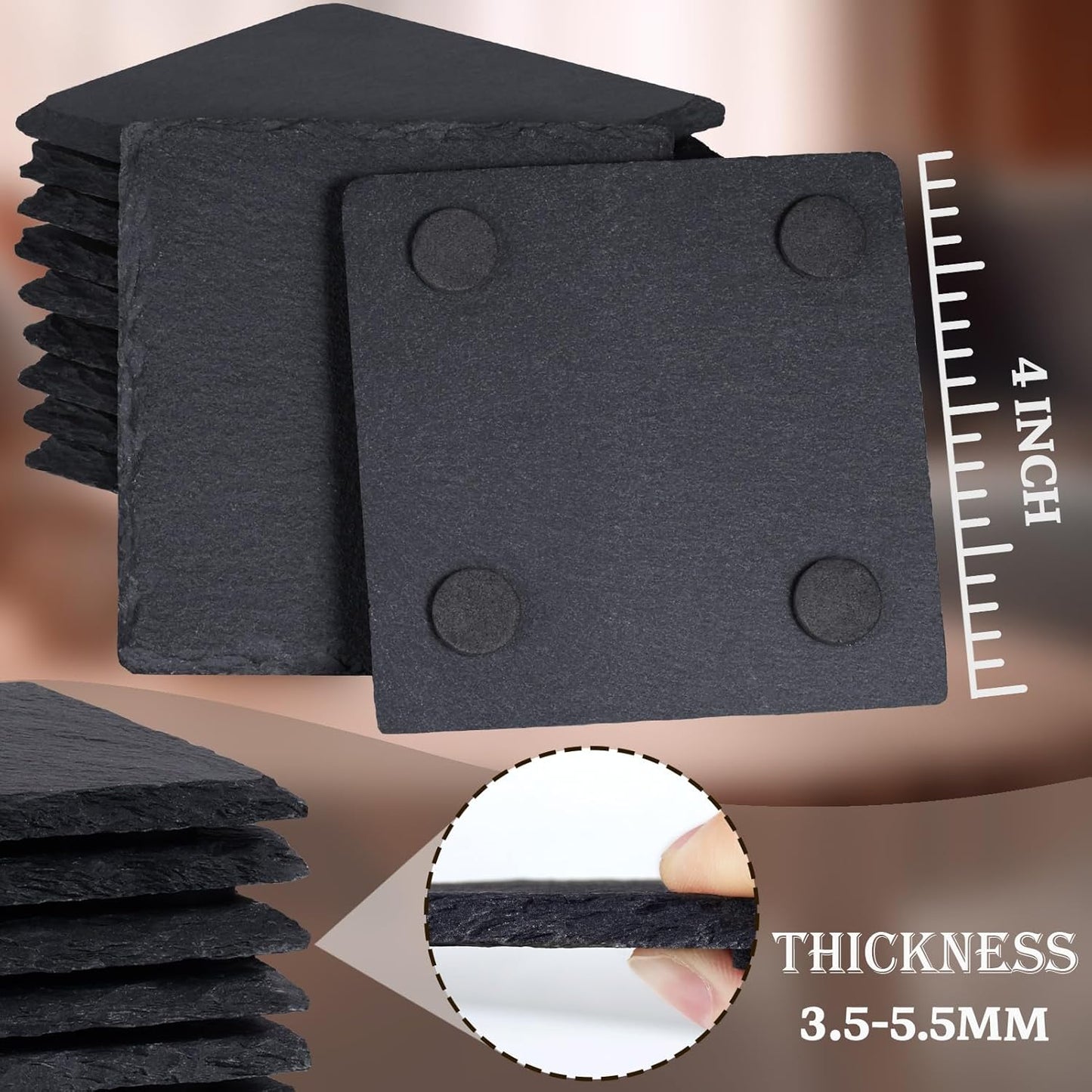 Springboks Natural Slate Rugby Coasters, Black Square Design with Engraved Logo, 2 Pack