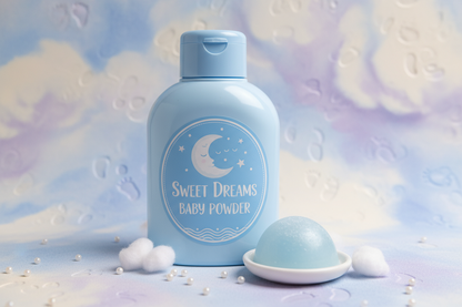 can you create a baby powder themed background that has a baby powder body with a light blue semi sphere wax melt
