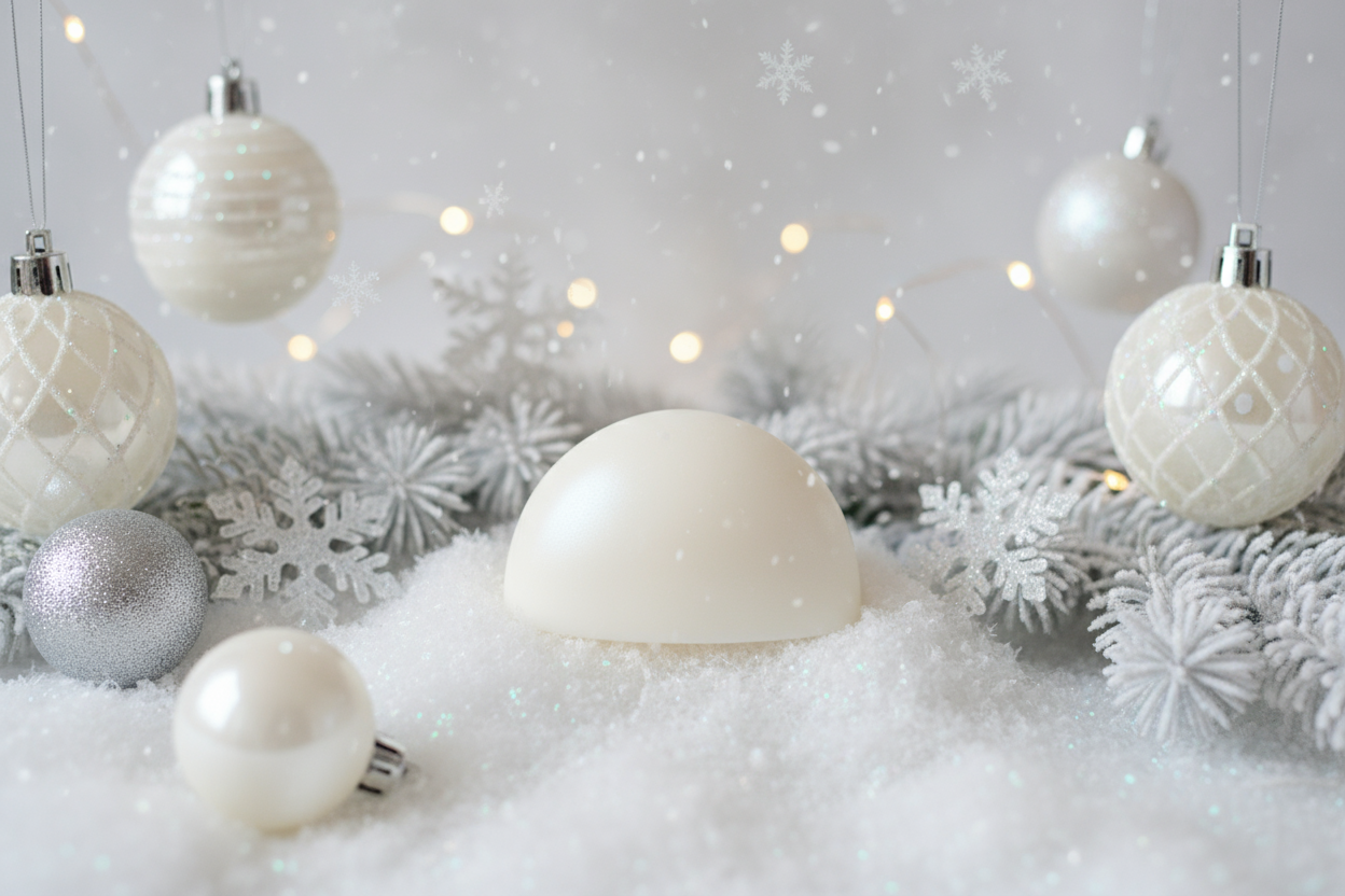 can you create a white christmas themed background with a white semi sphere wax melt