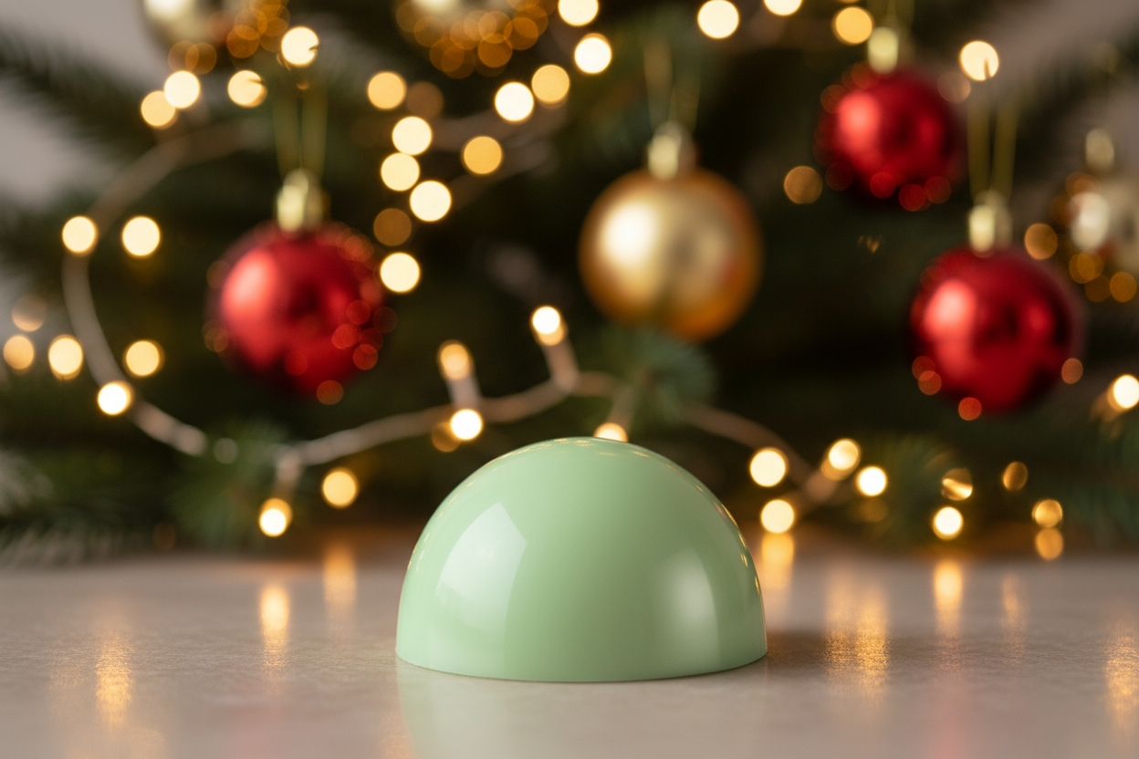 Christmas tree themed background with a light green semi sphere wax melt