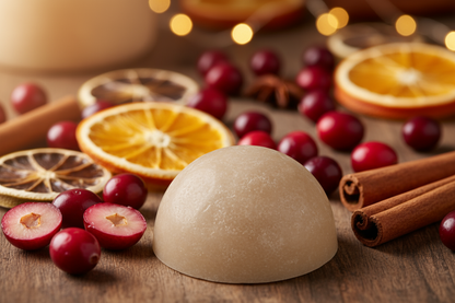 Cranberry, Orange & Cinnamon themed background with a beige coloured semi sphere wax melt