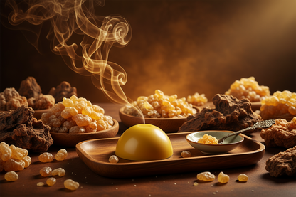 Frankincense & Myrrh themed background with a mustard coloured semi sphere wax melt