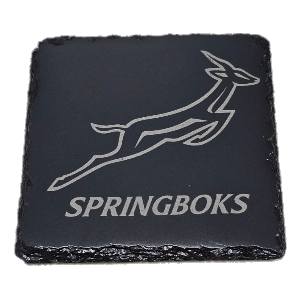 Springboks Natural Slate Rugby Coasters, Black Square Design with Engraved Logo, 2 Pack