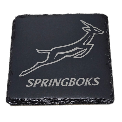 Springboks Natural Slate Rugby Coasters, Black Square Design with Engraved Logo, 2 Pack