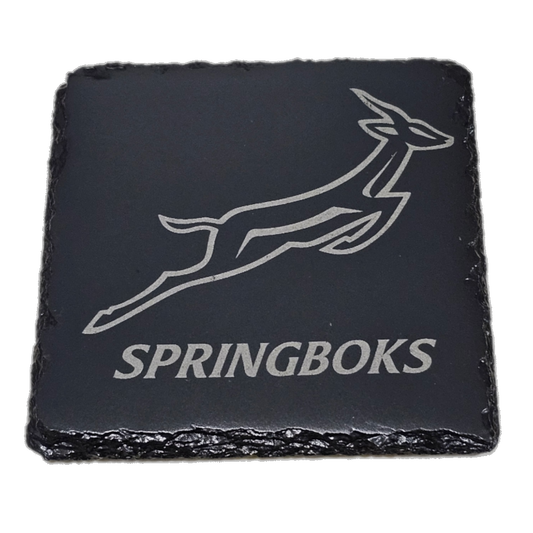 Springboks Natural Slate Rugby Coasters, Black Square Design with Engraved Logo, 2 Pack