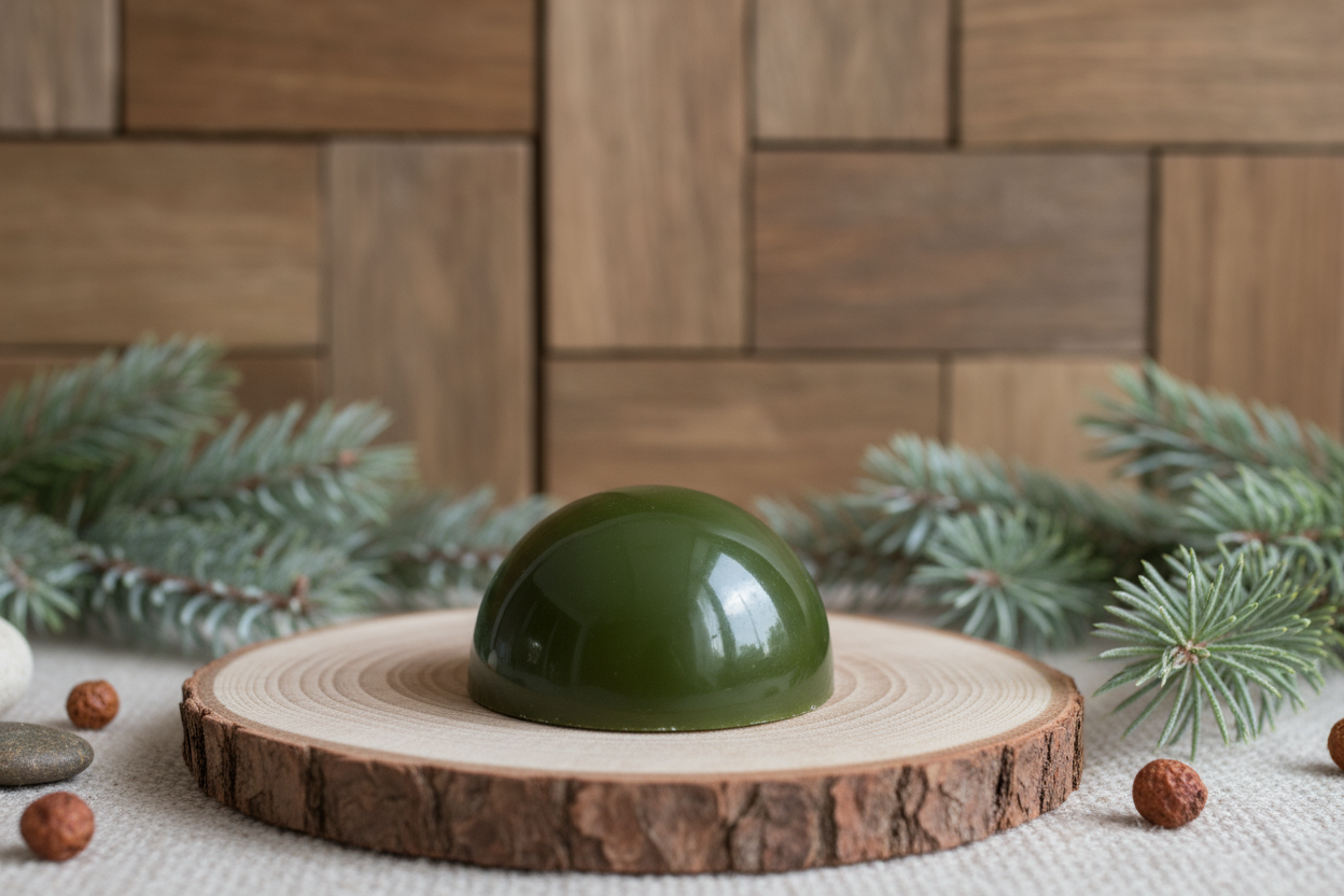 Nordic Cedar themed background with a dark green semi sphere wax melt