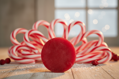 red wax melt with candy canes in the background