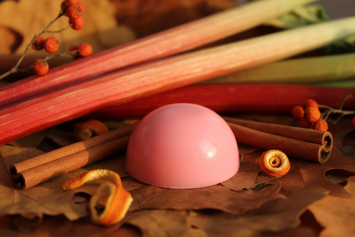 Wild rhubarb and cinnamon themed background with a pink themed semi sphere wax melt